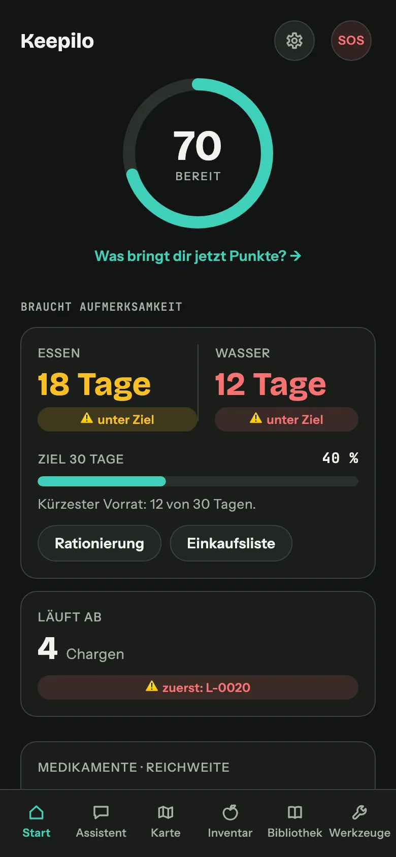 Keepilo-Dashboard auf dem Handy: Bereitschafts-Score 70, Essen reicht 18 Tage, Wasser 12 Tage, vier Chargen laufen bald ab.