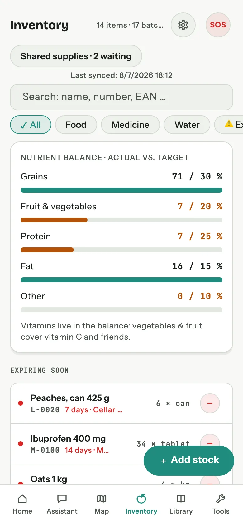 The same inventory in light mode, with the same status dots on a paper background.