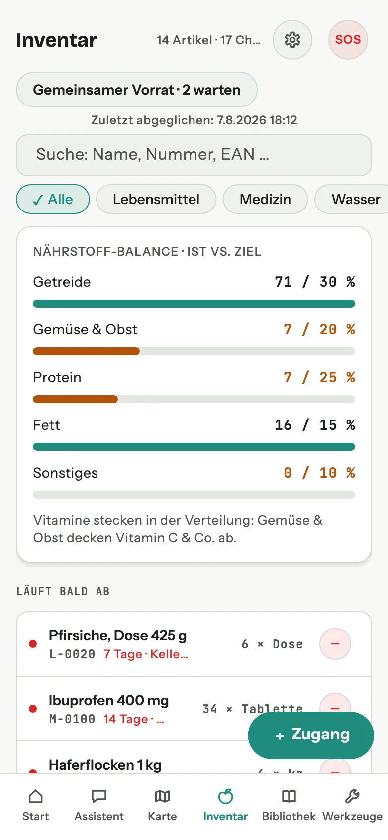Dasselbe Inventar im hellen Modus, mit denselben Statuspunkten auf Papierhintergrund.