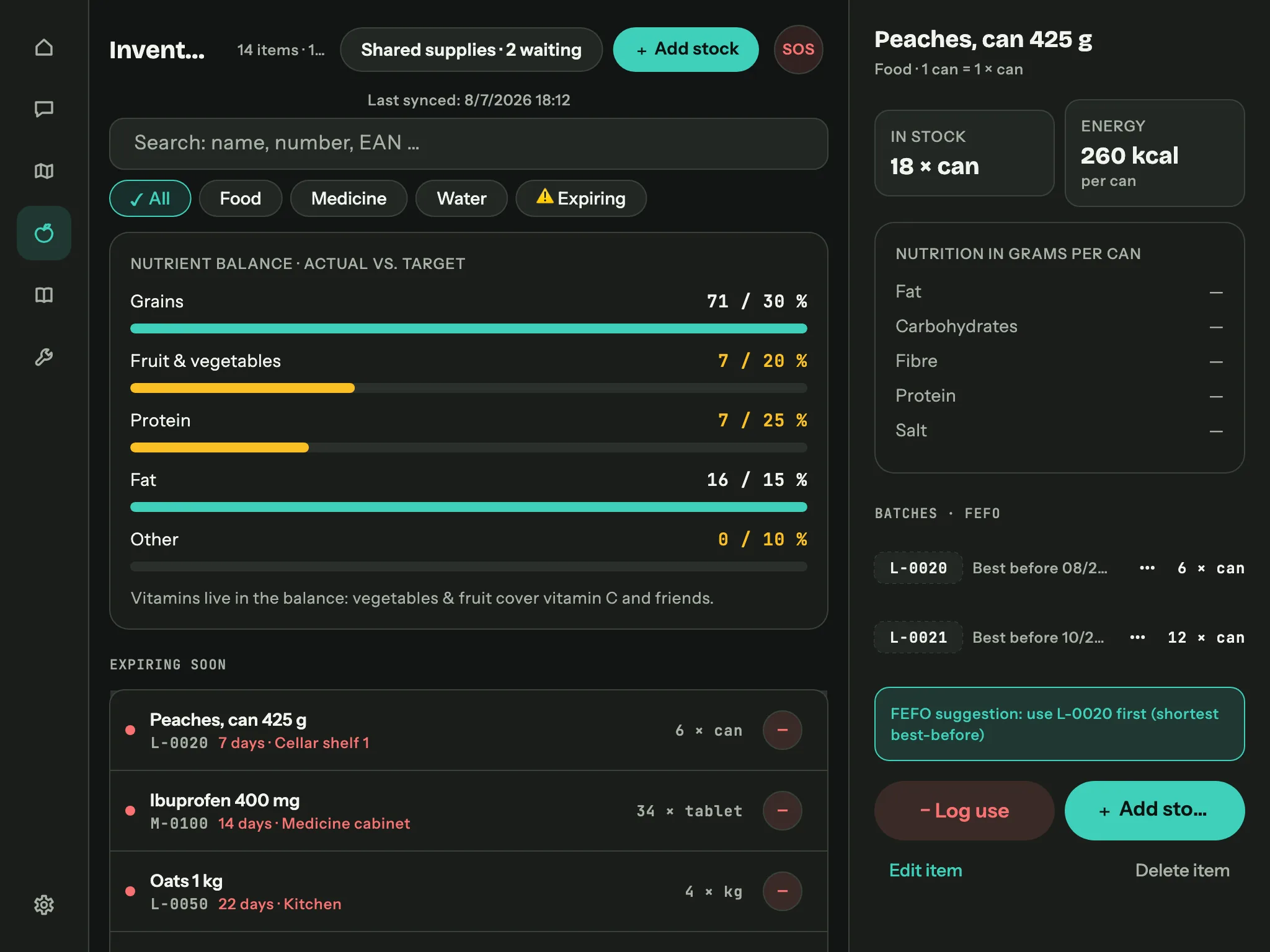 Keepilo inventory on a tablet: nutrient balance above the stock list, a traffic light per row, filter chips, and a detail panel on the right for canned peaches with two batches and a FEFO suggestion.