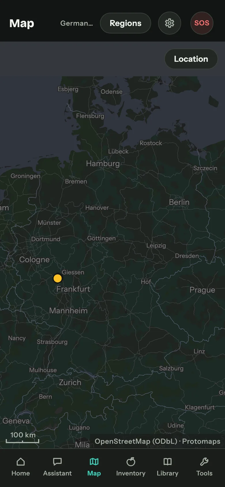 Keepilo map on a phone: a map of Germany with place names, roads and rivers, plus one of your own points, all without a network connection.