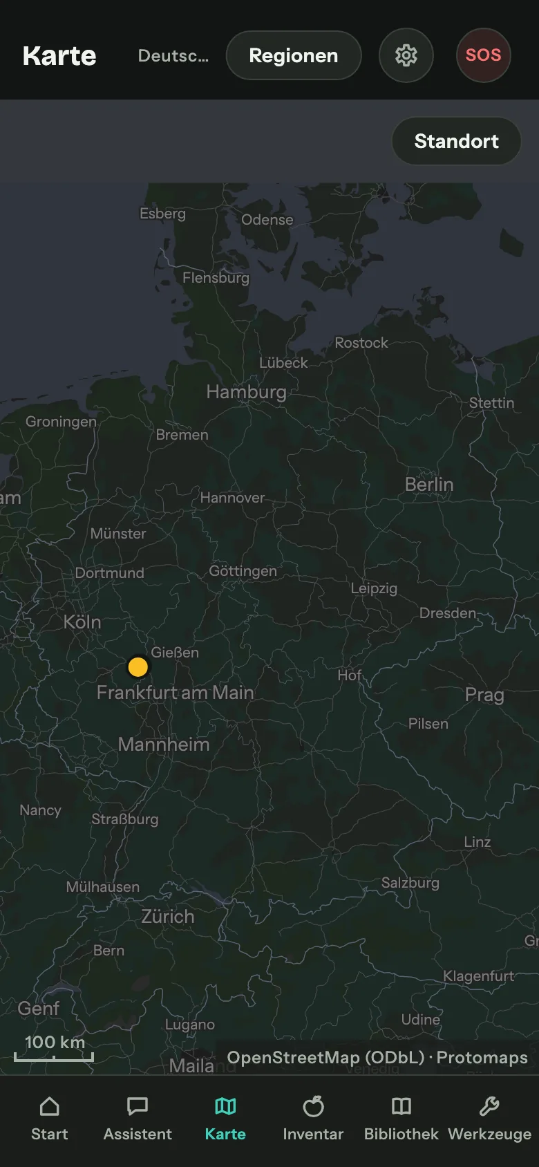 Keepilo-Karte auf dem Handy: Deutschlandkarte mit Ortsnamen, Straßen und Gewässern, dazu ein eigener Punkt in der Wetterau, alles ohne Netzverbindung.