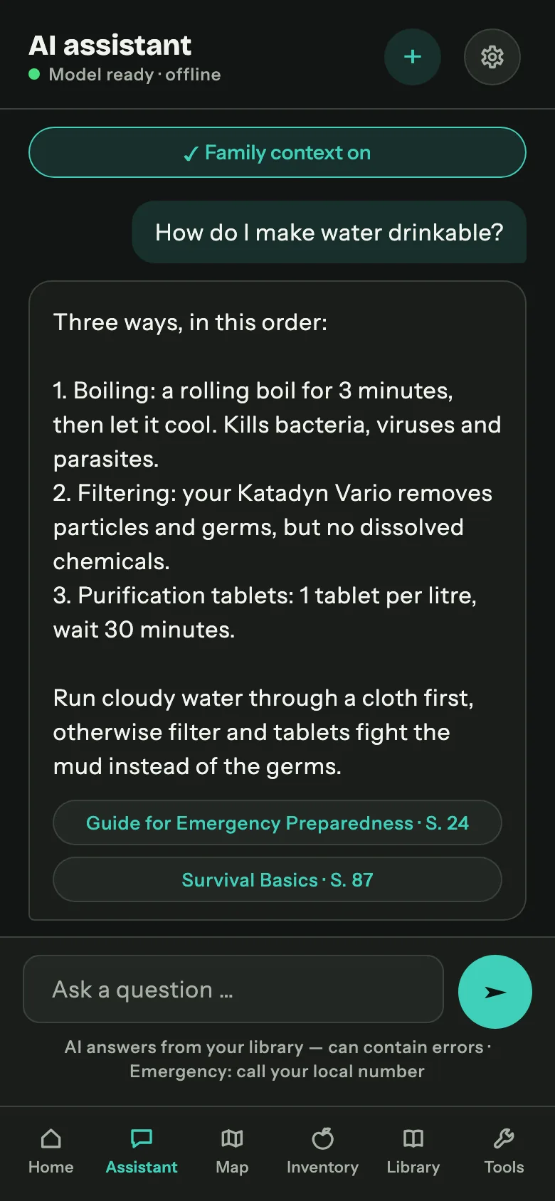 Keepilo assistant on a phone answering how to make water drinkable, with numbered steps and two source chips pointing to pages 87 and 102.
