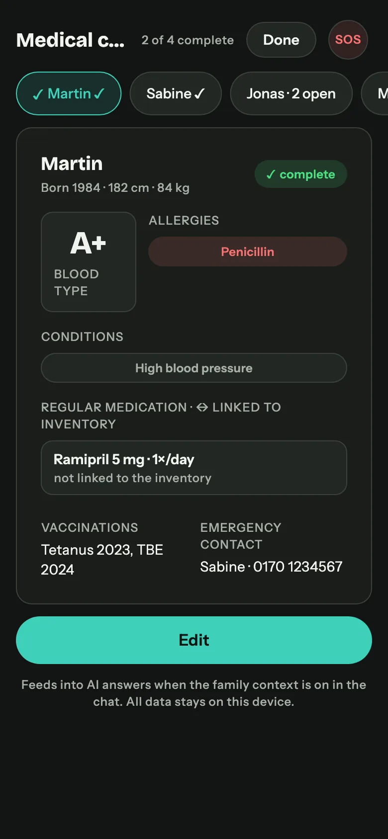 Medical card screen: blood type, allergies, chronic conditions and long-term medication with range in days.