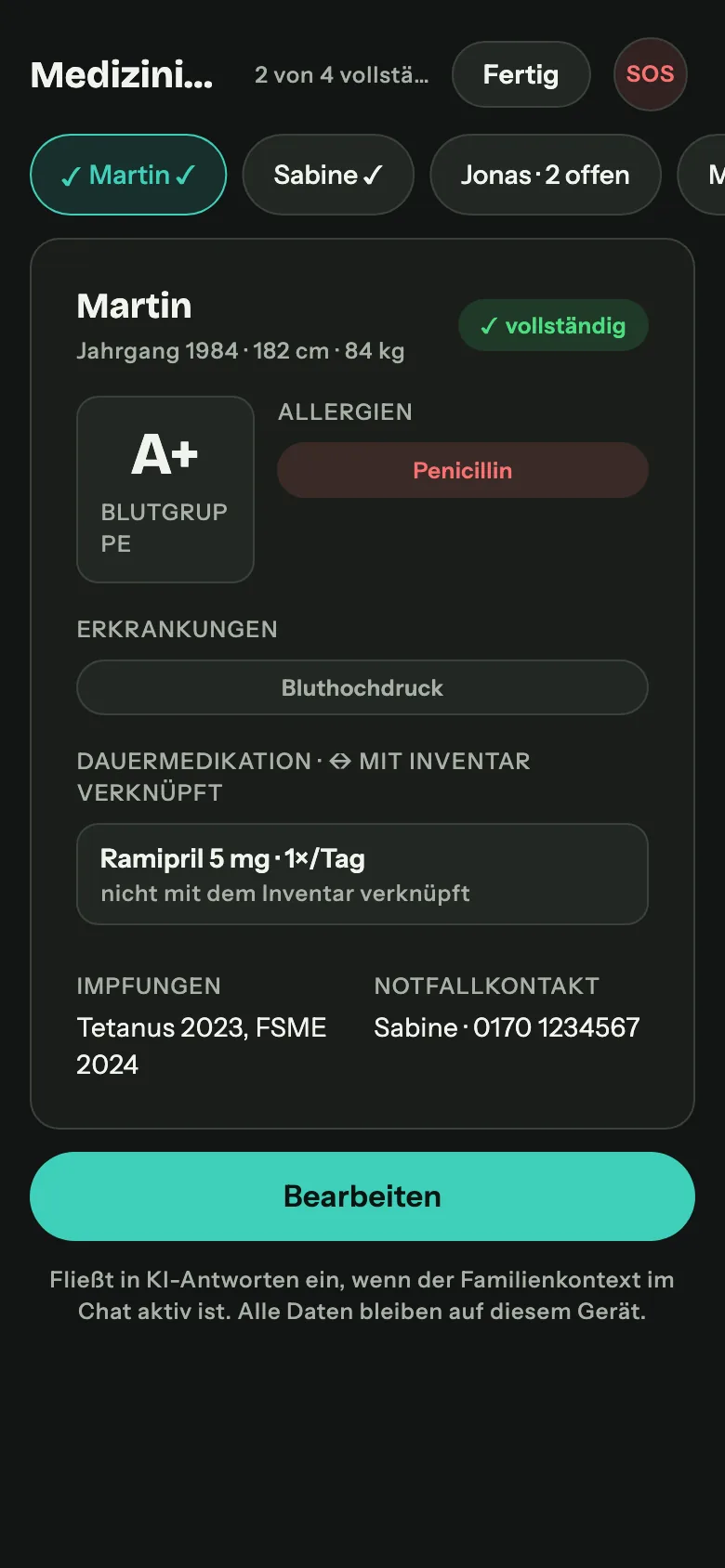 Medizinische Karte: Blutgruppe, Allergien, Erkrankungen und Dauermedikation mit Reichweite in Tagen.