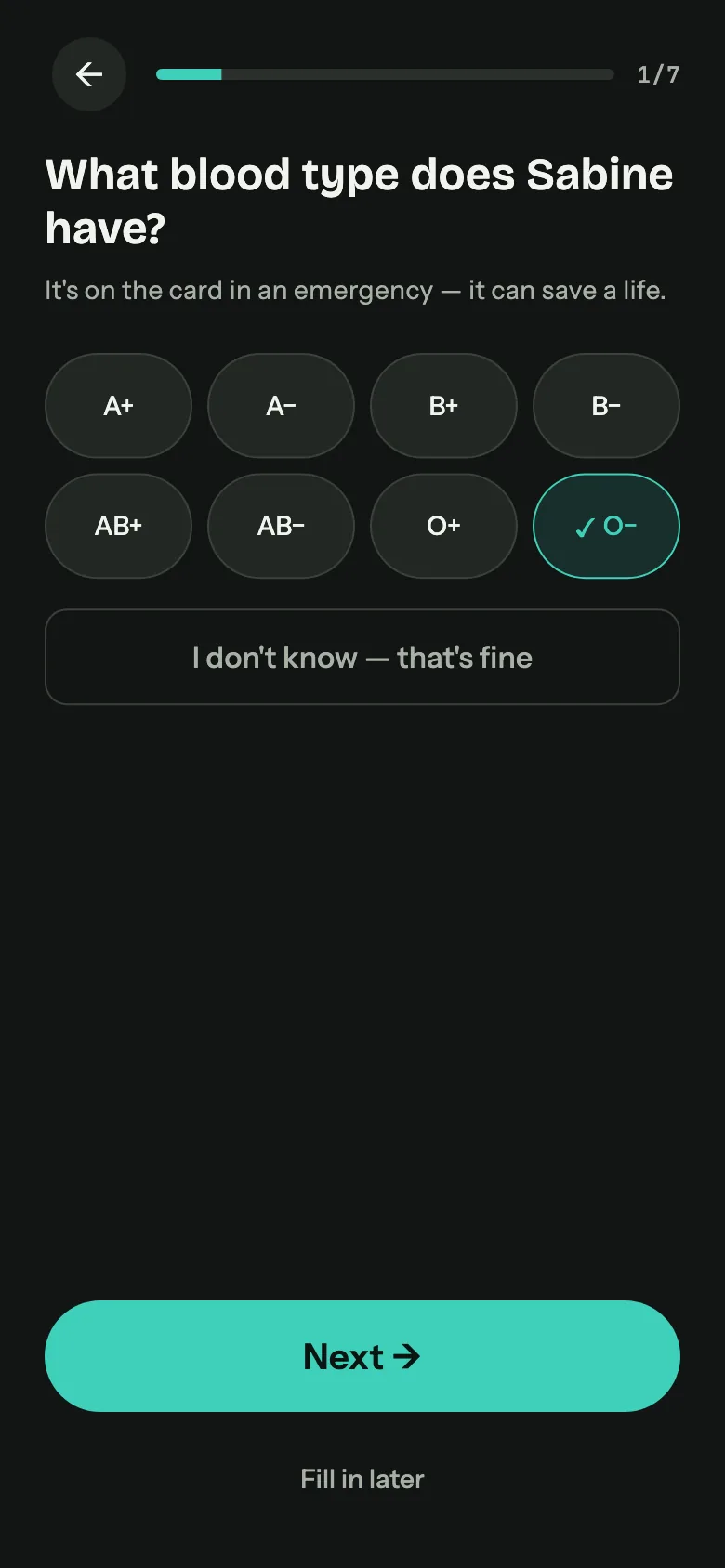 Wizard screen: one question per screen with a skip option and visible progress.