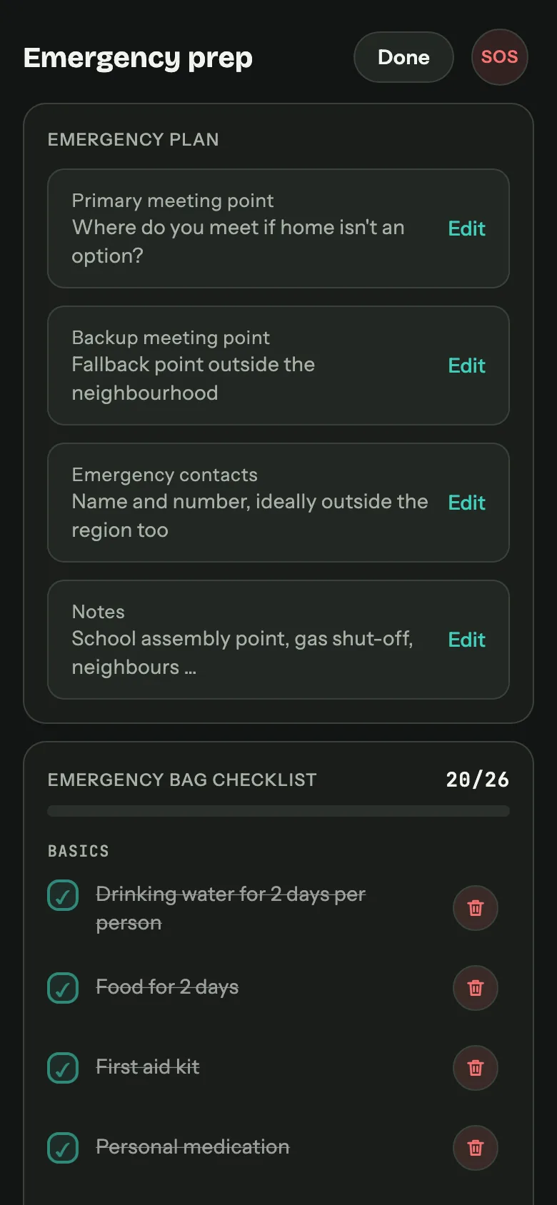 Emergency preparation on a phone: emergency plan with meeting points and contacts, below it the backpack checklist at 19 of 26 ticks.