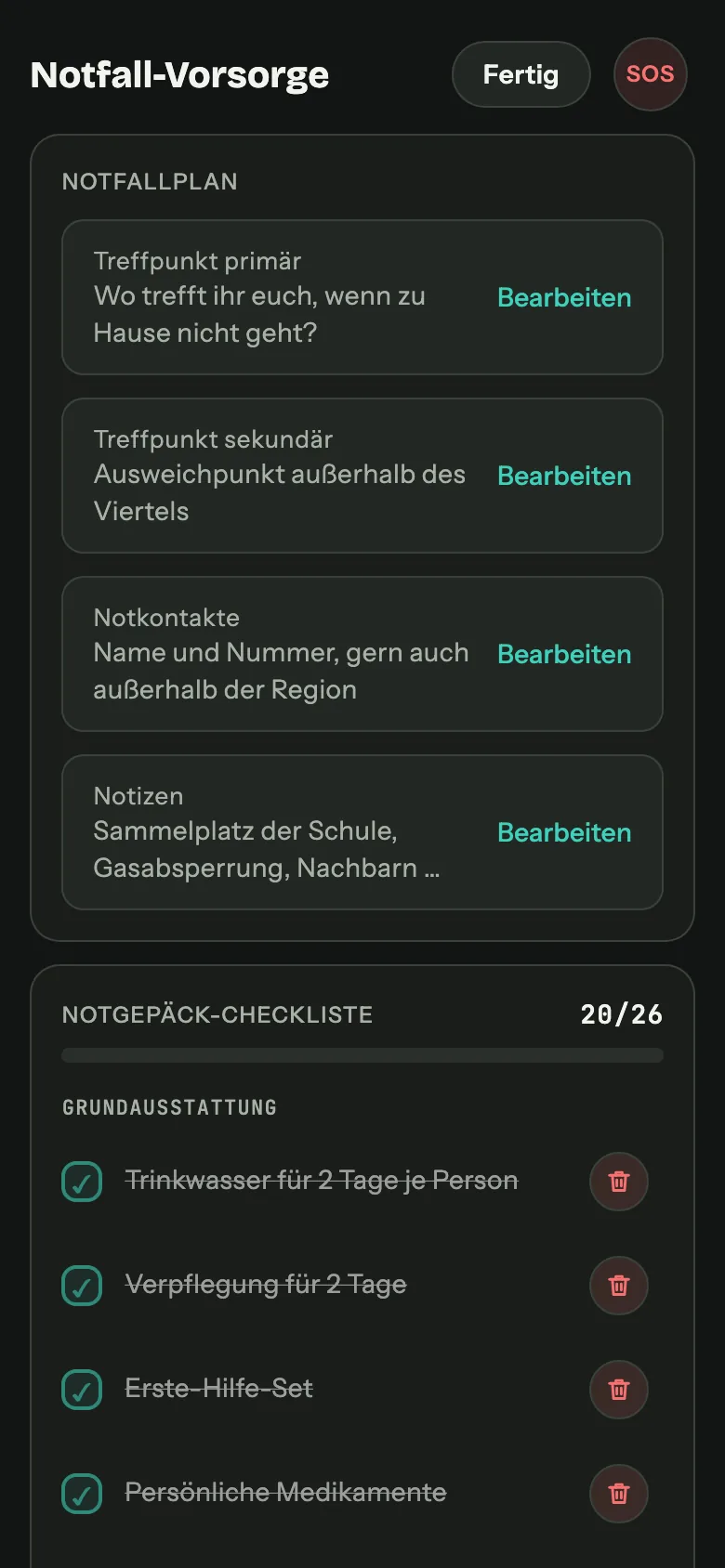 Notfall-Vorsorge auf dem Handy: Notfallplan mit Treffpunkten und Kontakten, darunter die Notgepäck-Checkliste mit 19 von 26 Haken.