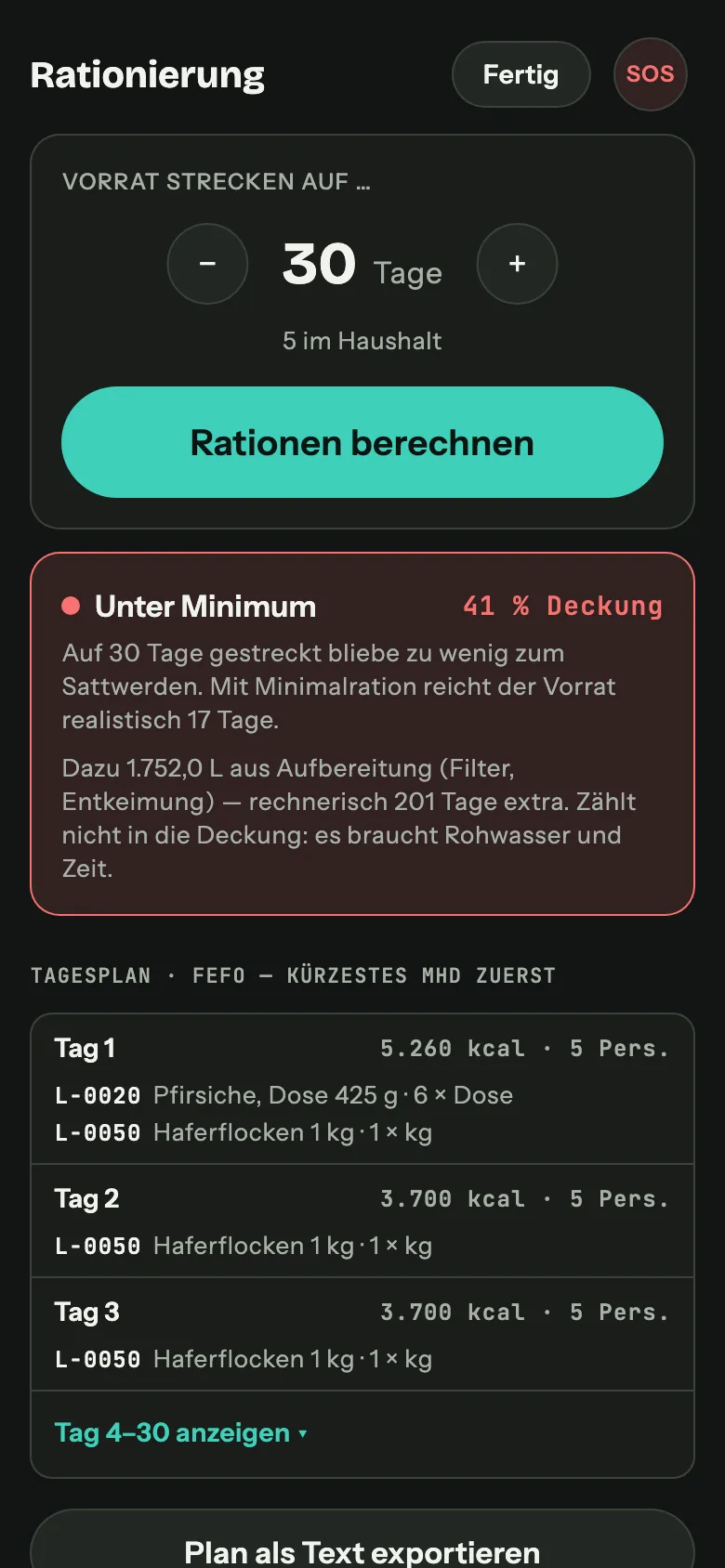 Rationierung auf dem Handy: Vorrat auf 30 Tage strecken, 41 Prozent Deckung, Tagesplan nach kürzestem MHD mit Inventarnummern.