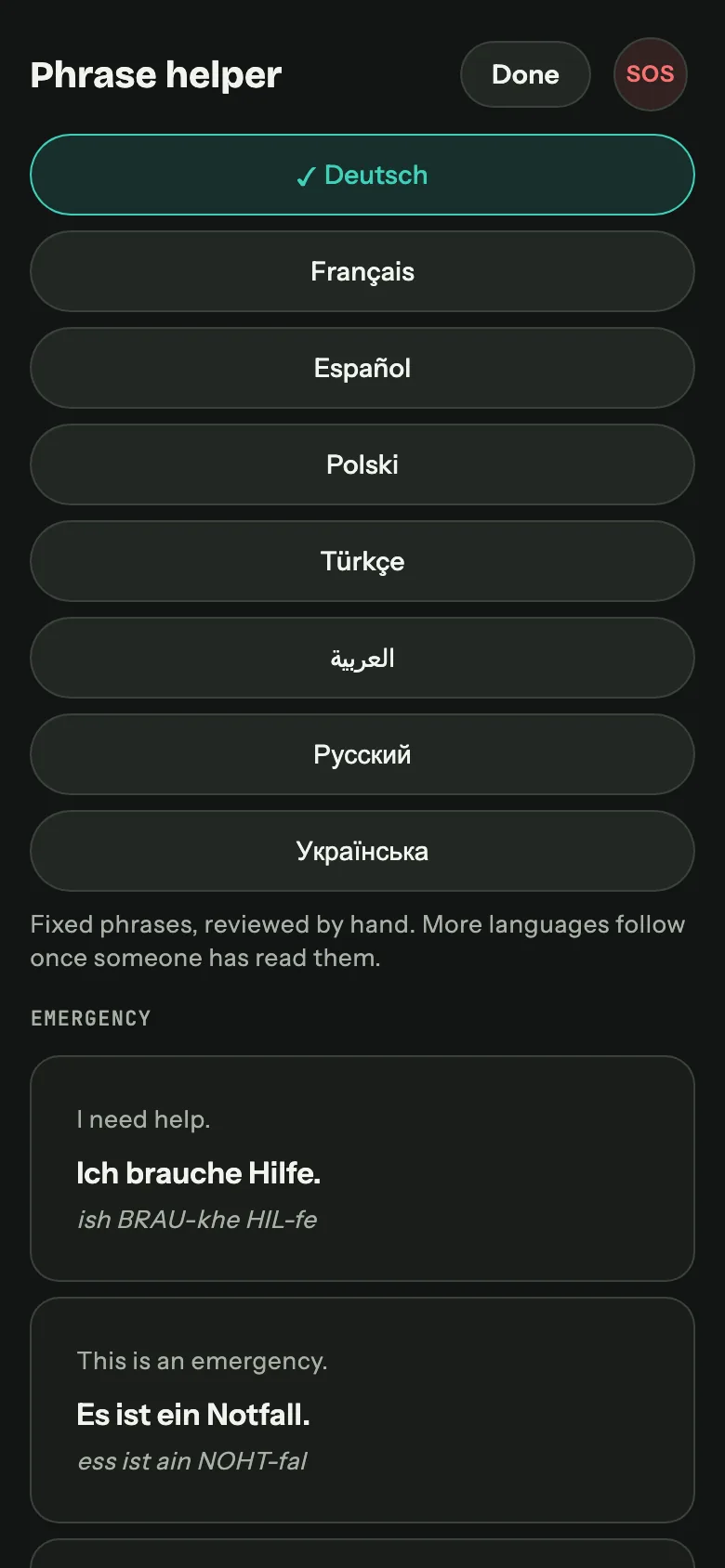 Phrase help on a phone: language picker and fixed sentences such as "I need help" with translation and pronunciation.