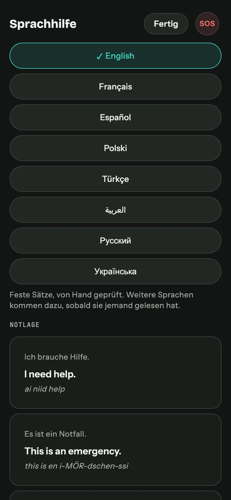 Sprachhilfe auf dem Handy: Sprachwahl und feste Sätze wie „Ich brauche Hilfe