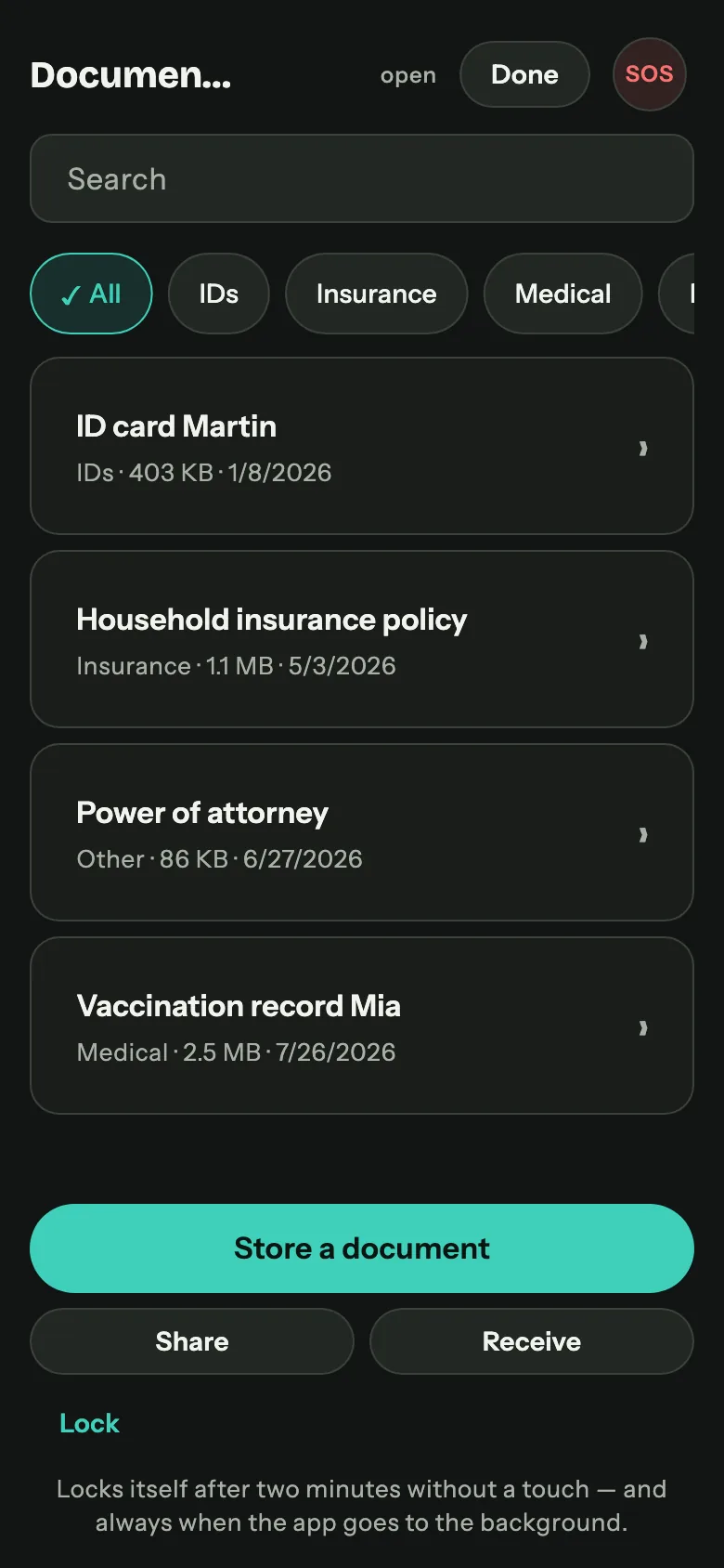 Document vault on a phone: unlocked, showing an ID card, an insurance policy, a power of attorney and a vaccination record by category.