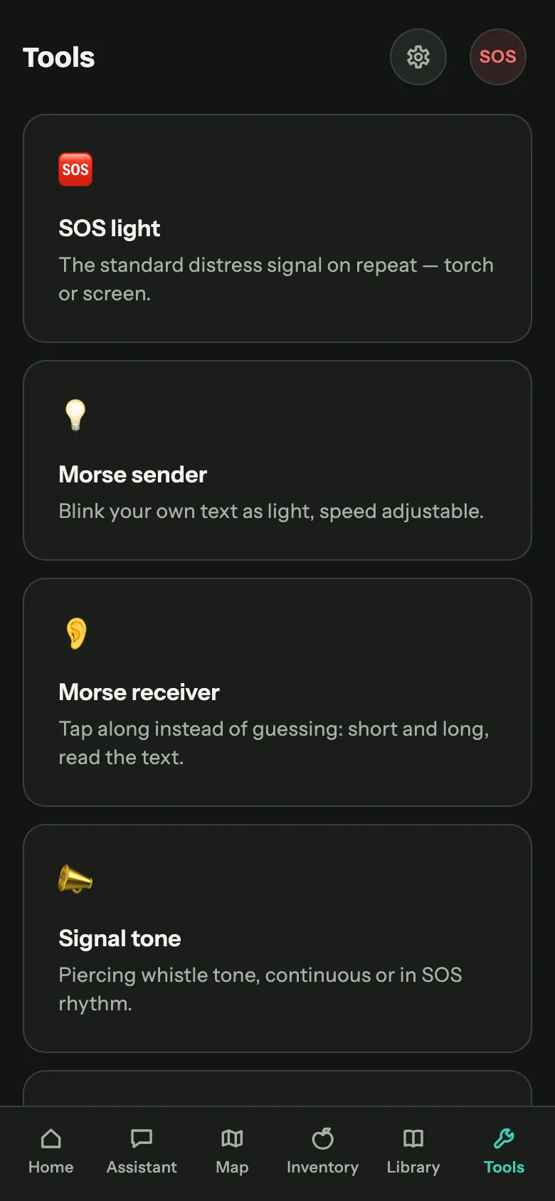 Tools screen: tiles for SOS light, morse sender, morse receiver and signal tone.