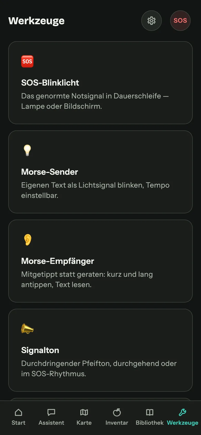 Werkzeuge: Kacheln für SOS-Blinklicht, Morse-Sender, Morse-Empfänger und Signalton.