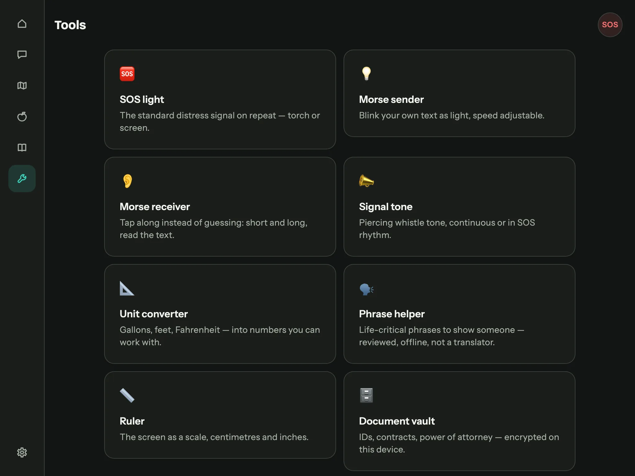 Tools overview on a tablet: tiles for SOS light, morse sender, morse receiver, signal tone, unit converter, phrase help, ruler and document vault.